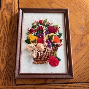 Vintage Colorful Crewel Embroidered Basket Wall Art
